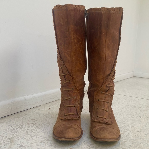 Anthropologie Shoes - Anthropologie Distressed Leather Riding Boots Lace Ruffle Brown 6 1/2 (defect)